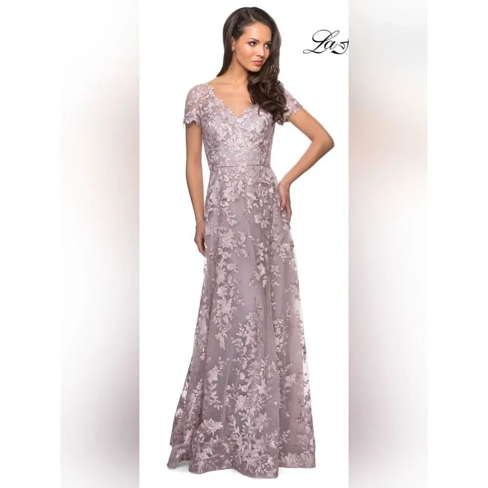 La Femme 27870 Sheer Sleeves Embroidered Gown NWT Size 16 Antique Blush/Pink